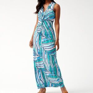 Tommy Bahama Batiki Tiki Tambour Twist Blue Green Resort Wear Maxi Dress Sz M